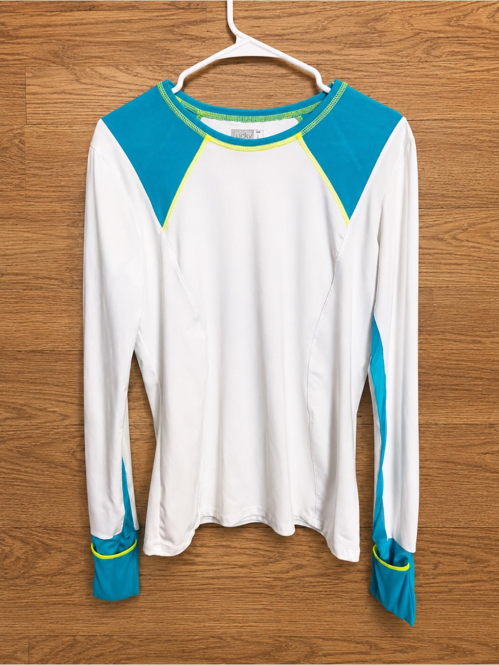 Lucky in Love White Athletic Performance Top Teal Trim Neon Stitching L 12